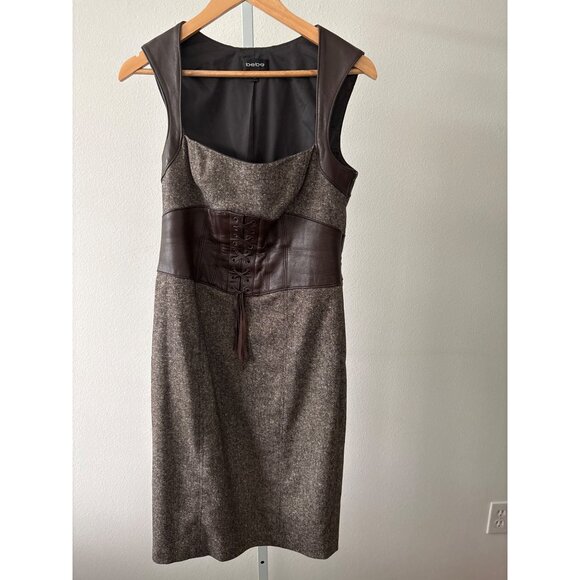 Y2K Bebe Dress Sz 10 Wool Blend Tweed Leather Corset Detail Lace Up Bodycon Slit - Picture 7 of 16